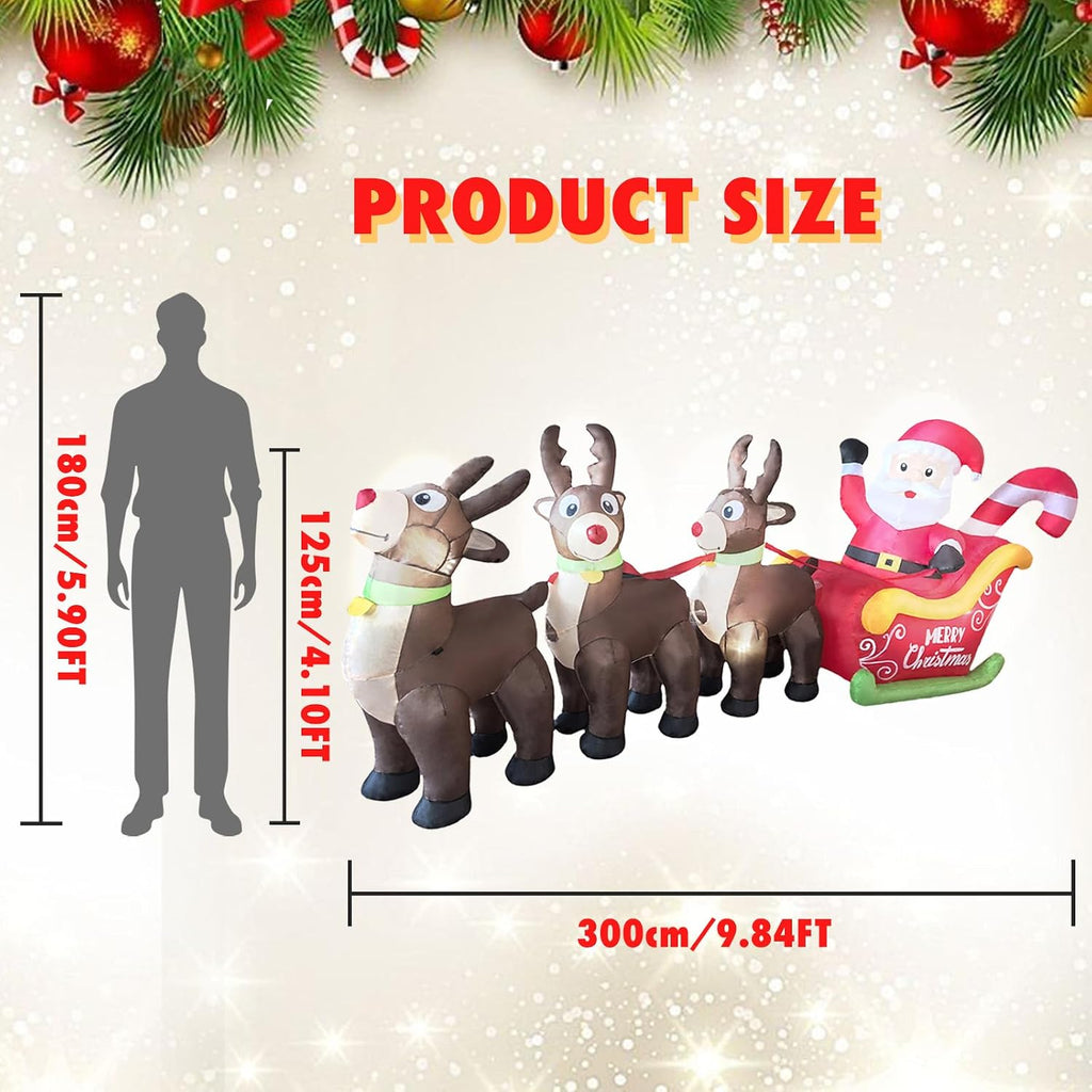 10 FT L Christmas Inflatables Santa Sleigh & Reindeer Outdoor Decorations