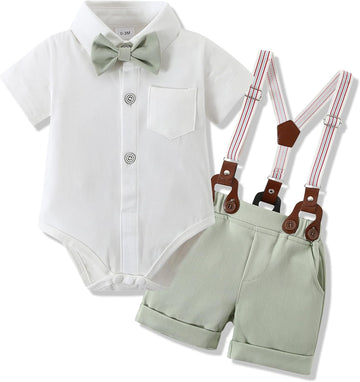 Baby Boy Clothes Suit Gentleman Outfits, Short Sleeve Dress Romper+Bowtie+Detachable Suspender Shorts Set