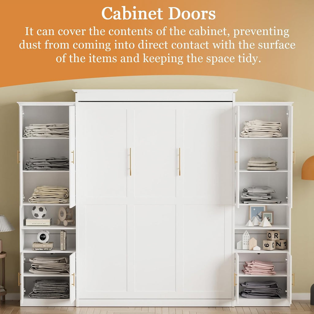 Queen Murphy Bed with 6 Adjustable Shelves & Storage Cabinets, Foldable Space-Saving Queen Wood Wall Bedframe with