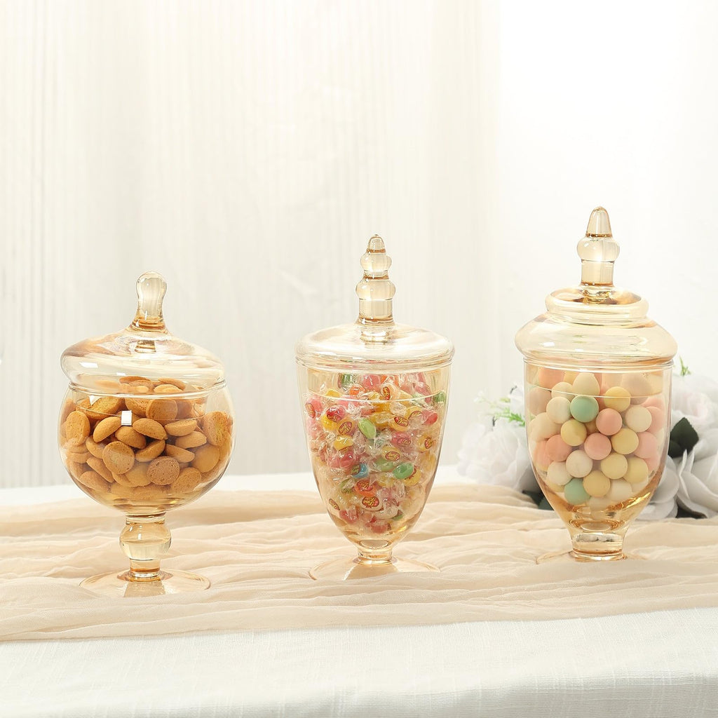 Set of 3 Amber Gold Apothecary Glass Jars with Snap On Lids, Decorative Footed Storage Jars Candy Buffet Containers