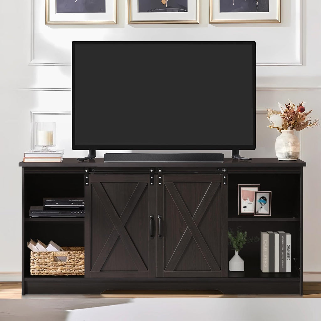65 Inch TV Stand with Sliding Barn Doors, Espresso Entertainment Center for 65 Inch TV with Storage Cabinet