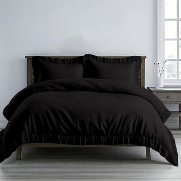 3 Pc Black Ruffle Trim Duvet Cover Set King Size-100% Egyptian Cotton 600 TC Frilled, Shabby Chic Bohemian-Vintage