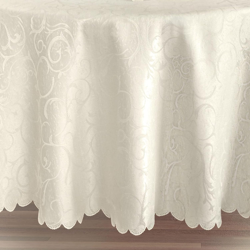 Portofino Scalloped Damask Fabric Tablecloth, 52 x 70 Inch Rectangle, Ivory, Wrinkle and Stain Resis