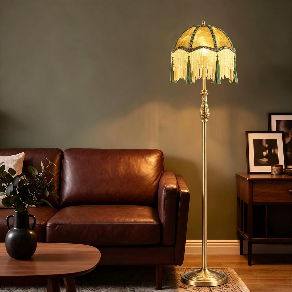 Victorian Floor Lamp with Olive Green Tassel Shade & Remote Control