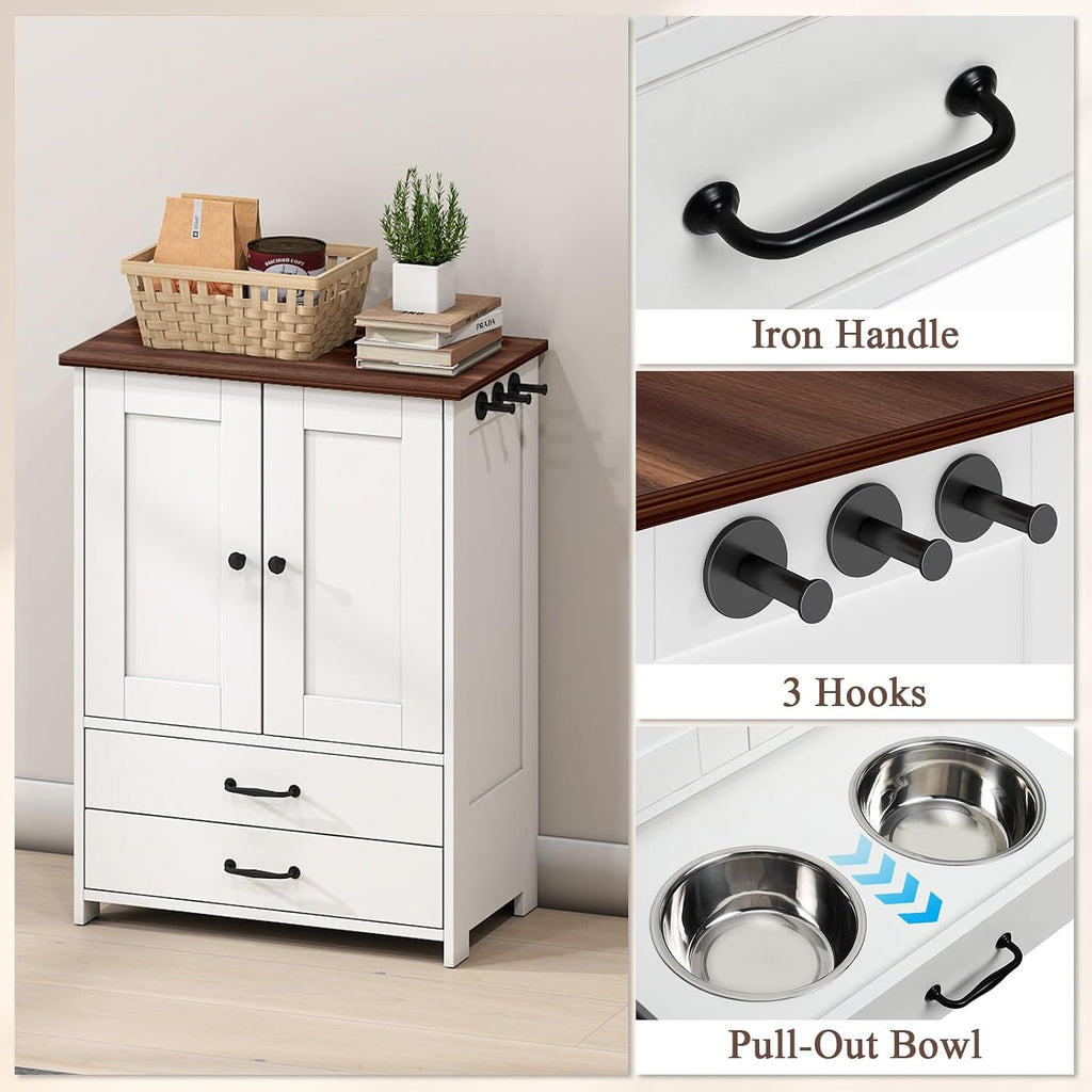 Dog Feeding Station with Elevated Dog Bowls with Storage Drawers