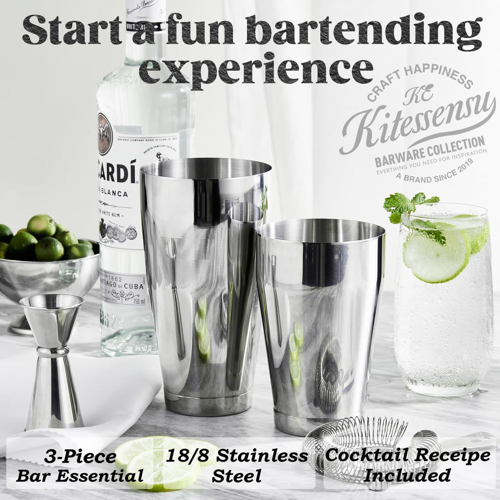 Boston Cocktail Shaker Set, 4-Piece Boston Shaker Tins Bartender Kit with 18oz & 28oz Mixed Drink Shaker, Hawthorne