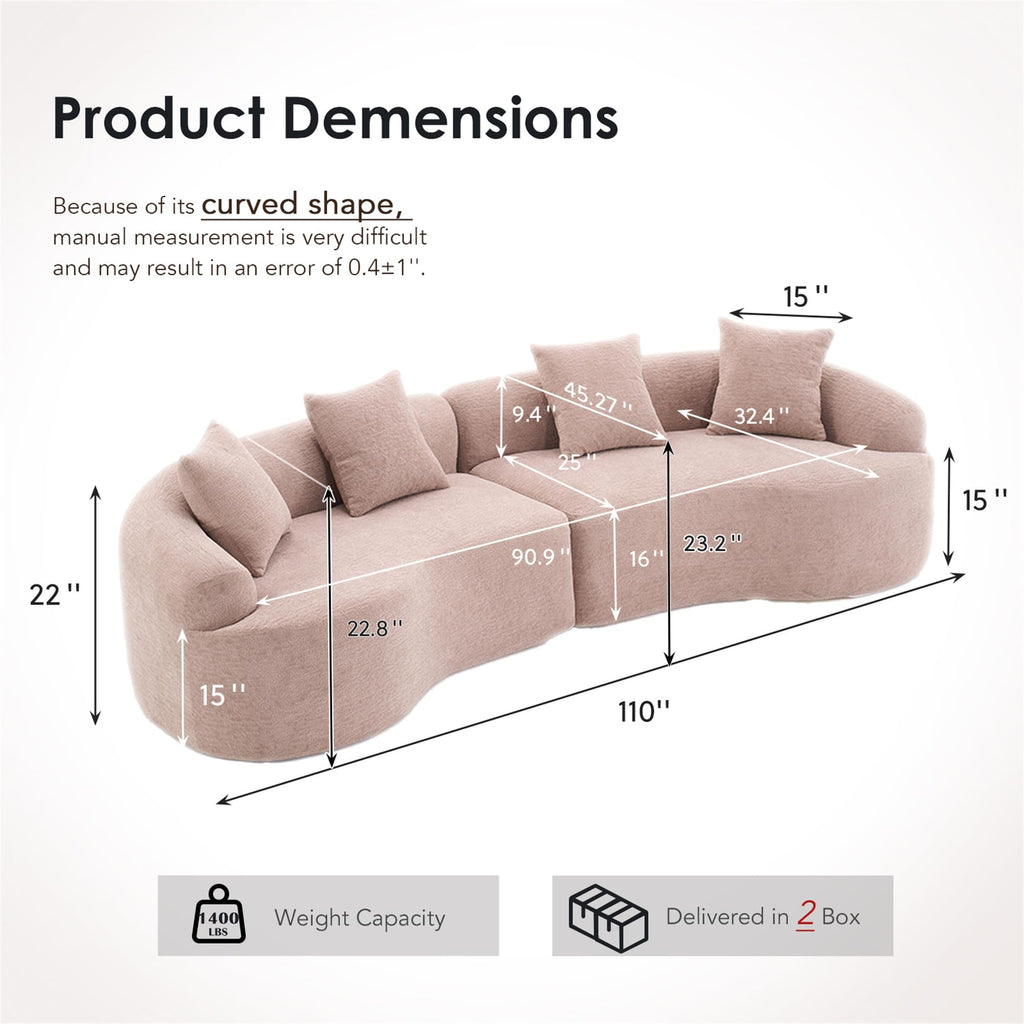 110" Curved Chenille Boneless Modular Sectional, High-Density Sleeper Couch, Lounge (Dusty Pink)
