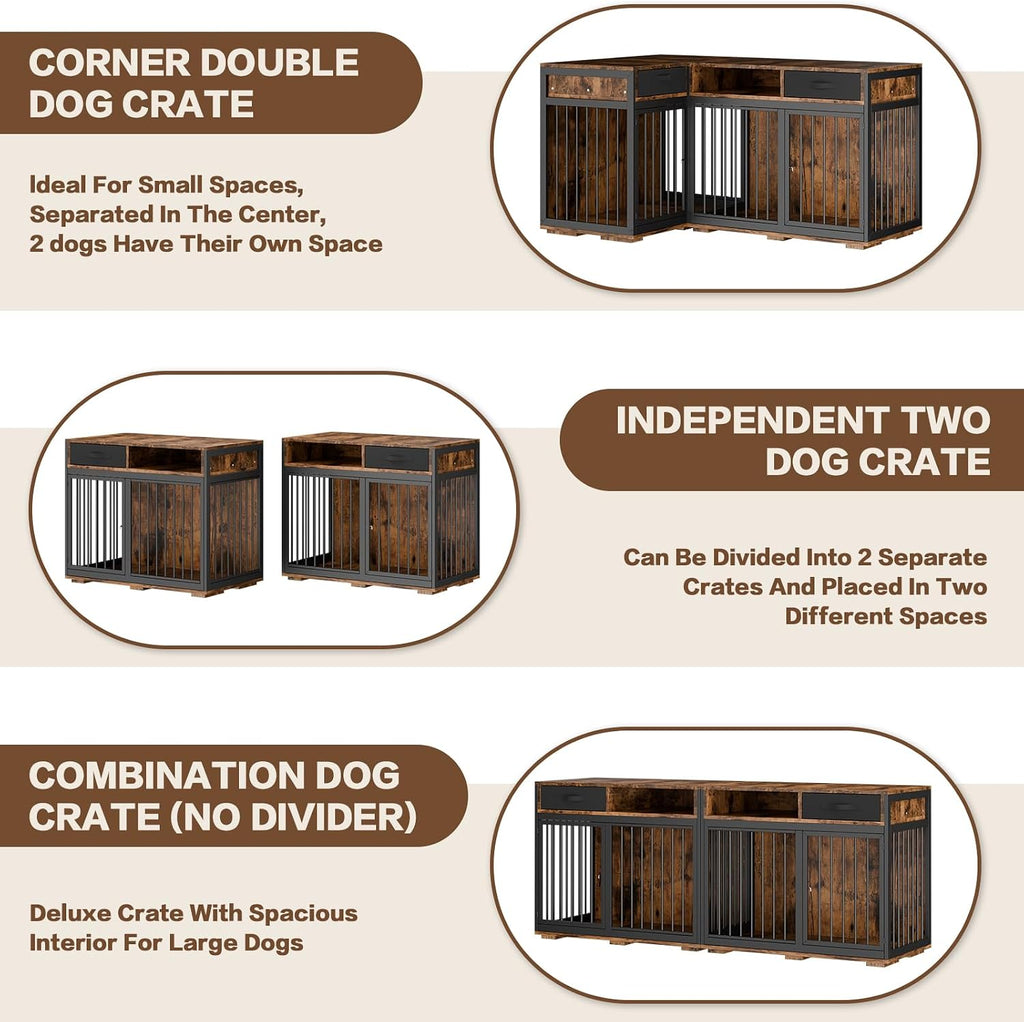 Corner Dog Crate Furniture, 67" Metal Frame L Shaped Double Dog Crate Kennel with Divider and 2 Fabric Drawers TV
