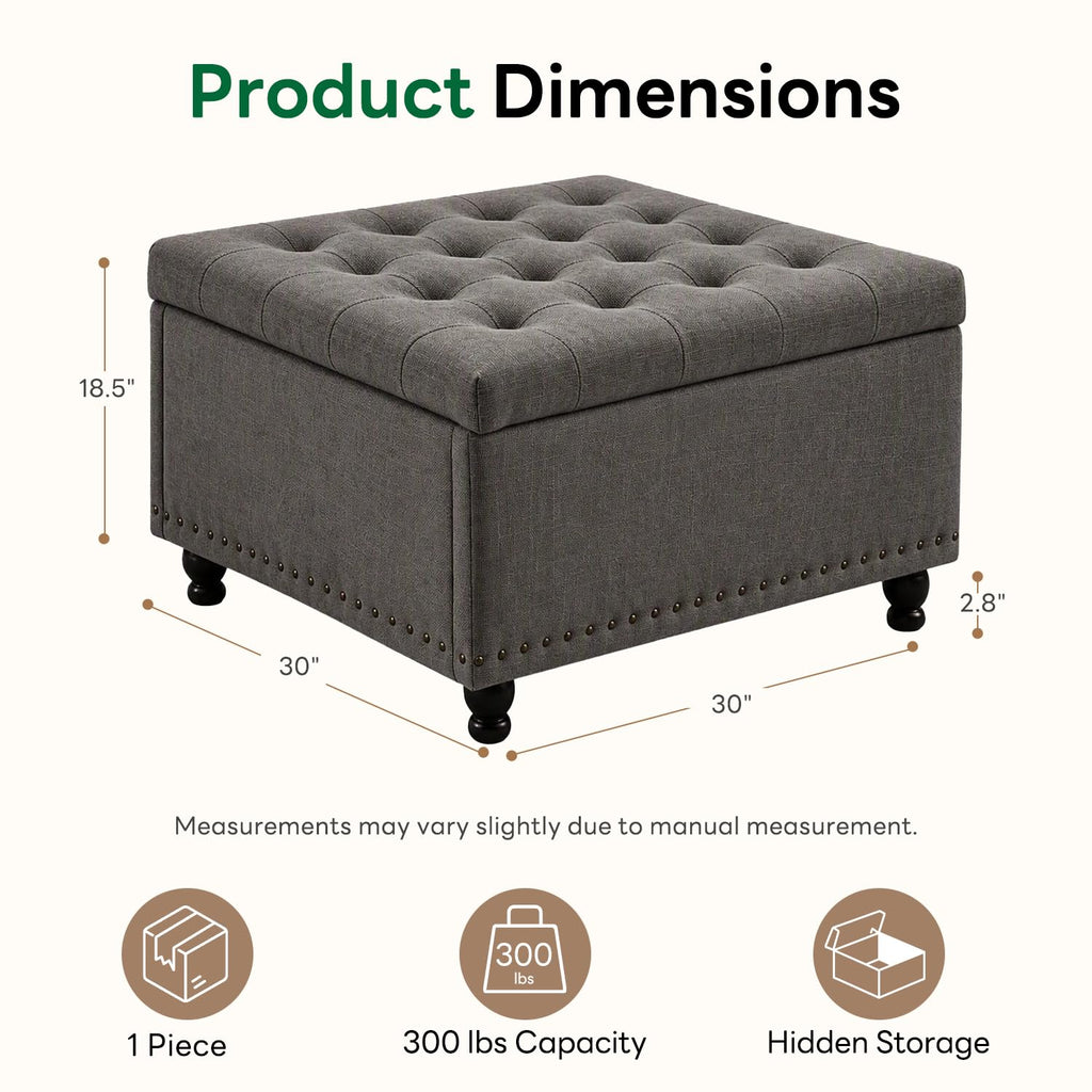 30 Inch Large Square Ottoman with Storage, Coffee Table, Dark Gray