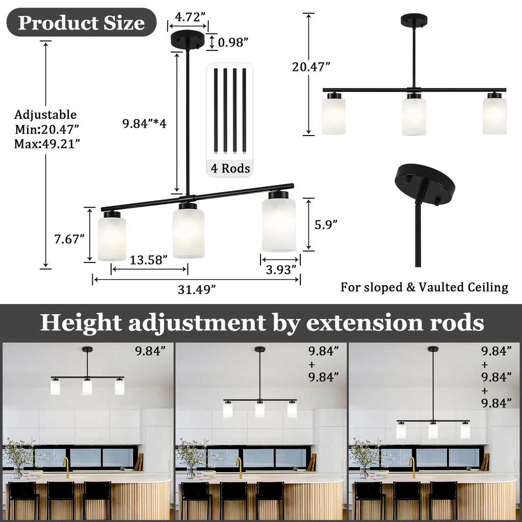 31" Kitchen Island Lighting 3 Light Black Pendant Light Island with Milk Glass Shade Modern Linear Chandelier