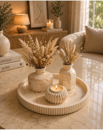 Decorative Tray Set with Vase and Candle Holder - Modern Living Room accent piece Console Table Decor - Beige Marble
