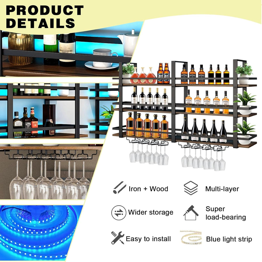 Wine Rack Wall Mounted with LED Lights, 3 Tier Metal Liquor Floating Display Shelves, with Wine Glass Rack, Iron &