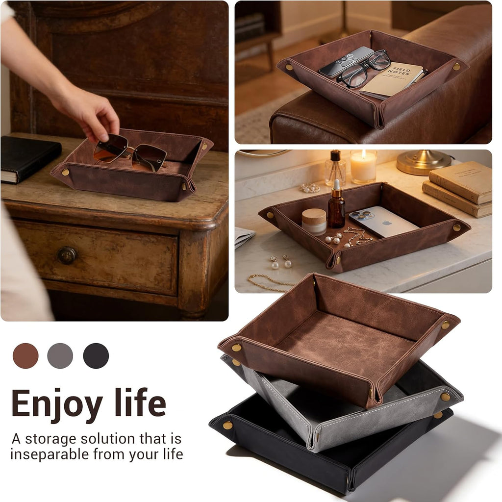 Leather Valet Tray, Premium PU Leather Catch-All Tray for Entryway Table Key, Phone, Wallet, Coins & Jewelry, Bedside