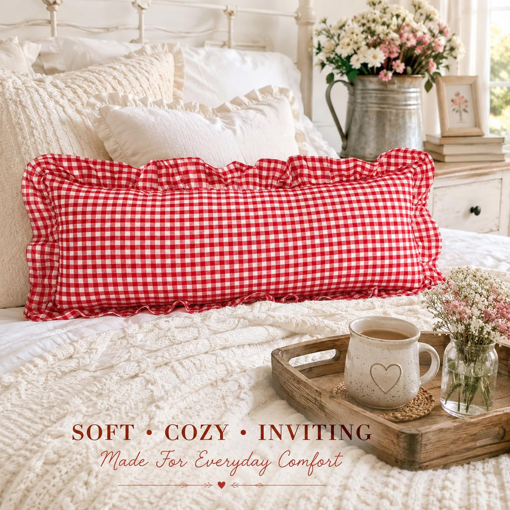 Ruffled Lumbar Pillow Cover 14x36 Gingham Red