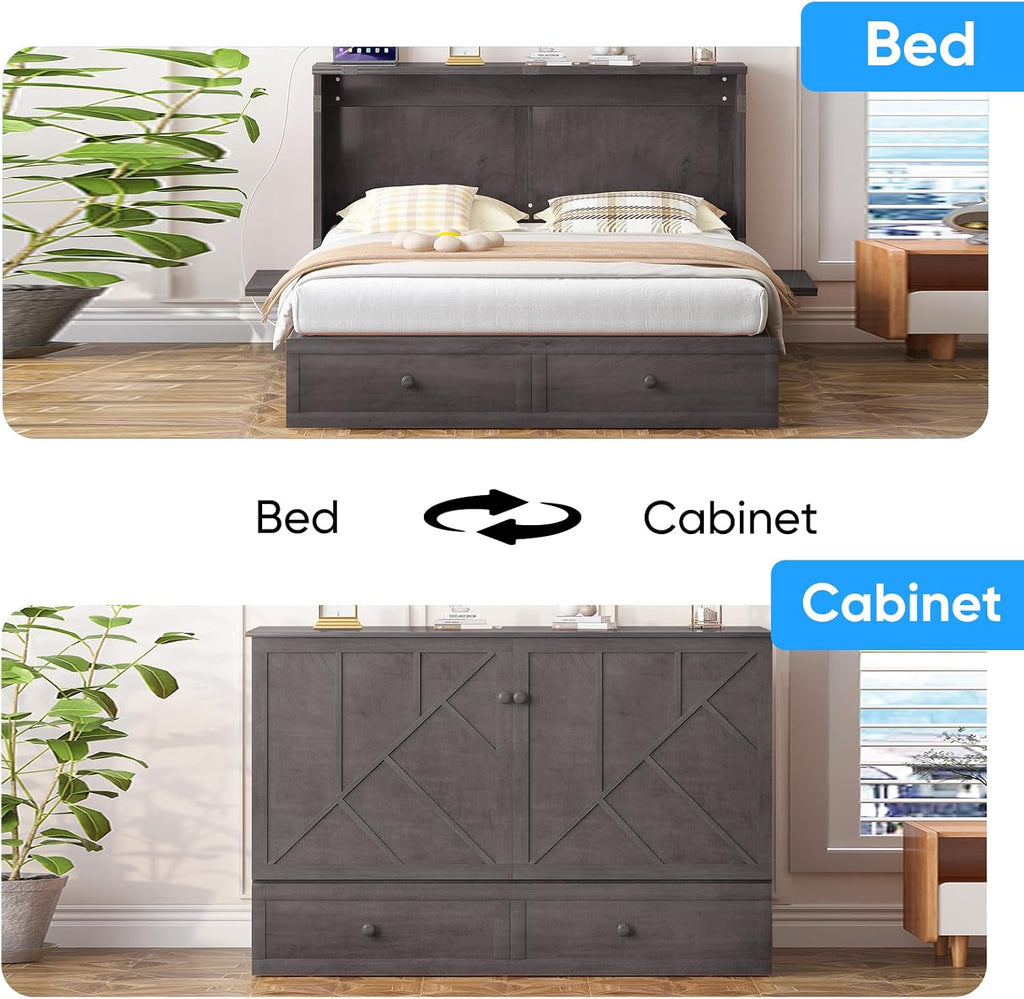 Murphy Bed Queen with Mattress Included, Hideaway Wallbed Cabinet Bed with 2 Storage Drawers, USB Charging Ports &