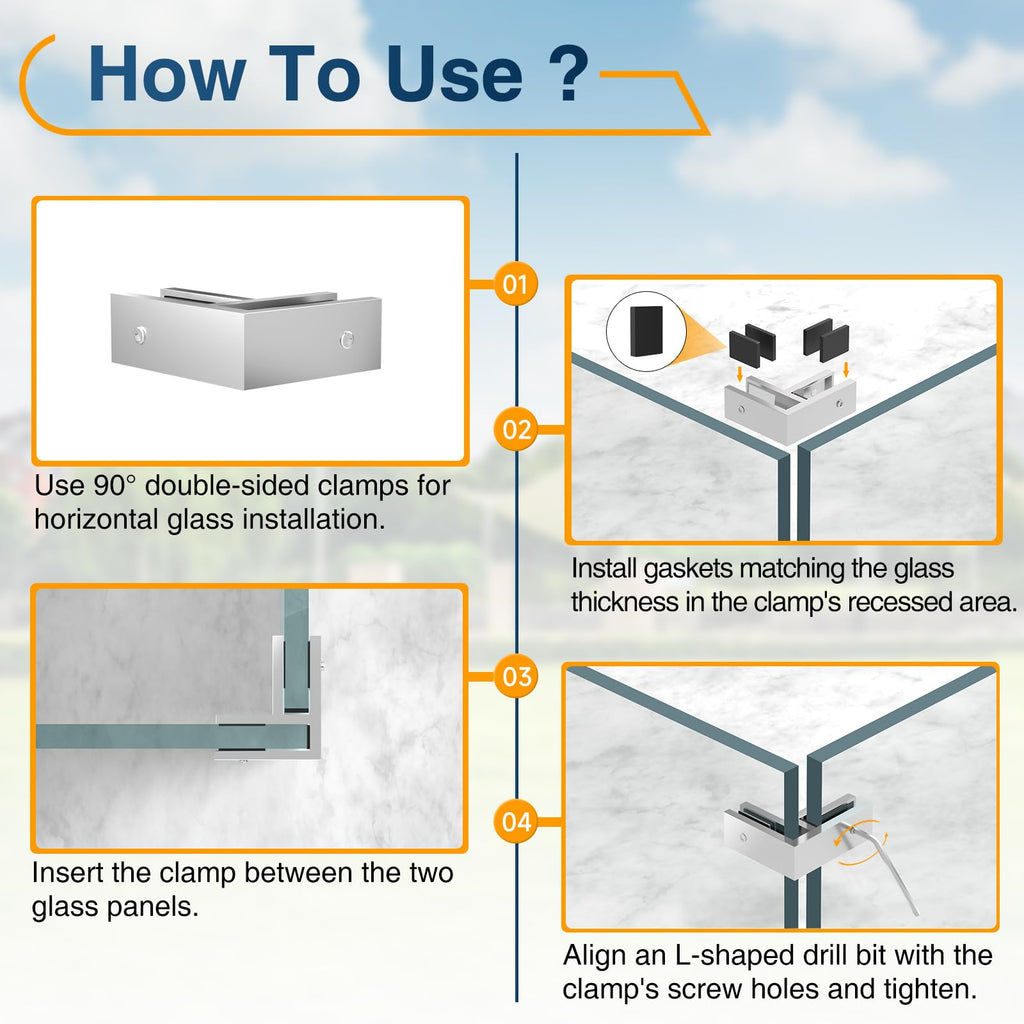 4 Pack SST304 Railing Glass to Glass Clamps, 90° Corner Glass Clips