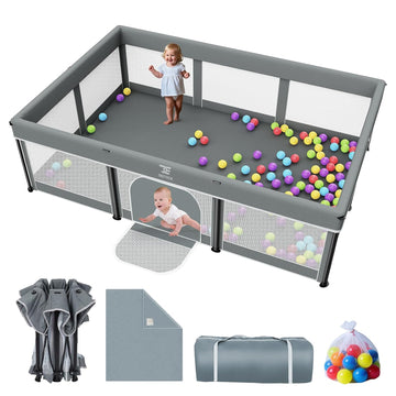 74x50 Foldable Baby Playpen with Mat - Portable Outdoor Play Yard, Grey | Portable Play Pen for Toddlers 1-3, Storage