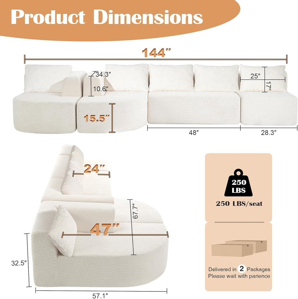 144" Sectional Couches for Living Room, Comfy U-Shaped Cloud Couch with Chaise Lounge, Modern Deep Seat Boneless Sofa