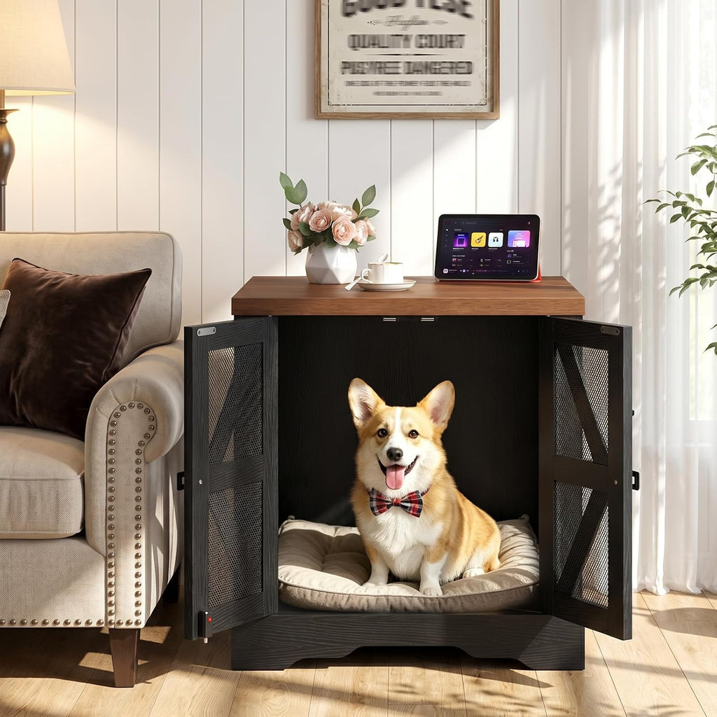 Dog Crate Furniture for Small to Medium Dogs, Dog Kennel Indoor with Barn Doors, Pet Cage Side End Table, Black