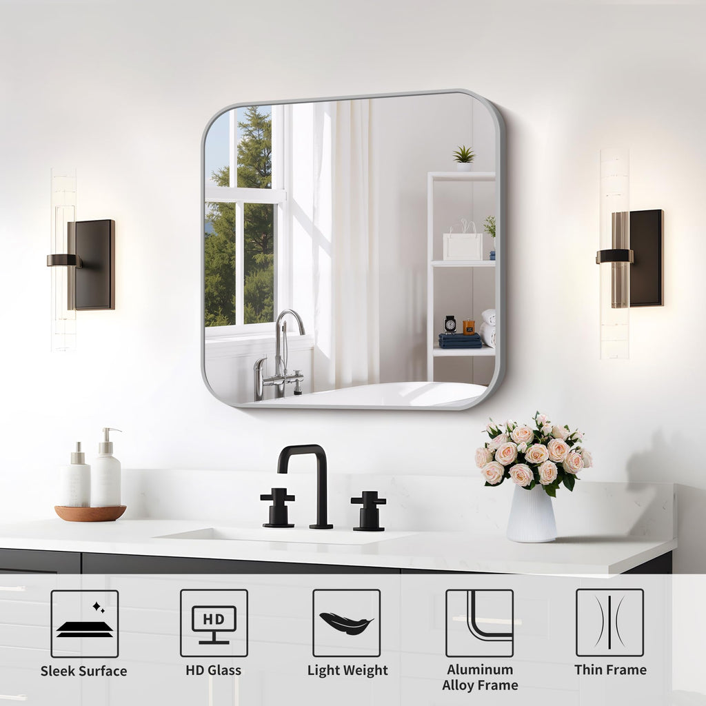 Bathroom Mirror for Over Sink 24x24 Inch Silver, Square Wall Mirror with Metal Frame, Rounded Corners Decor