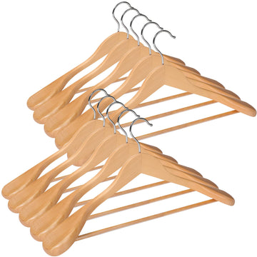 Solid Wood Suit Hangers, 10 Pack, Coat Hangers with Non Slip Trouser Bar, 360° Swivel Hook, Heavy Duty Wide Hangers