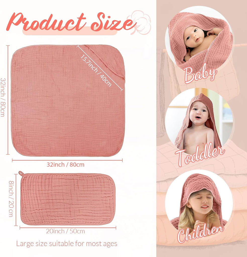 12 Pcs Baby Muslin Hooded Towels Washcloths, Pink Beige Series