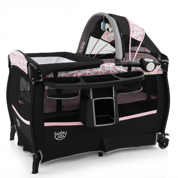 4 in 1 Play Yard, Portable Baby Playard with Bassinet & Flip-Away Changing Table, Canopy, Portable Bedside