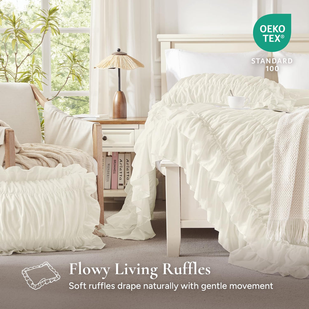 Ivory Ruffle Comforter Set, Ruched Farmhouse Bedding 3 Pieces