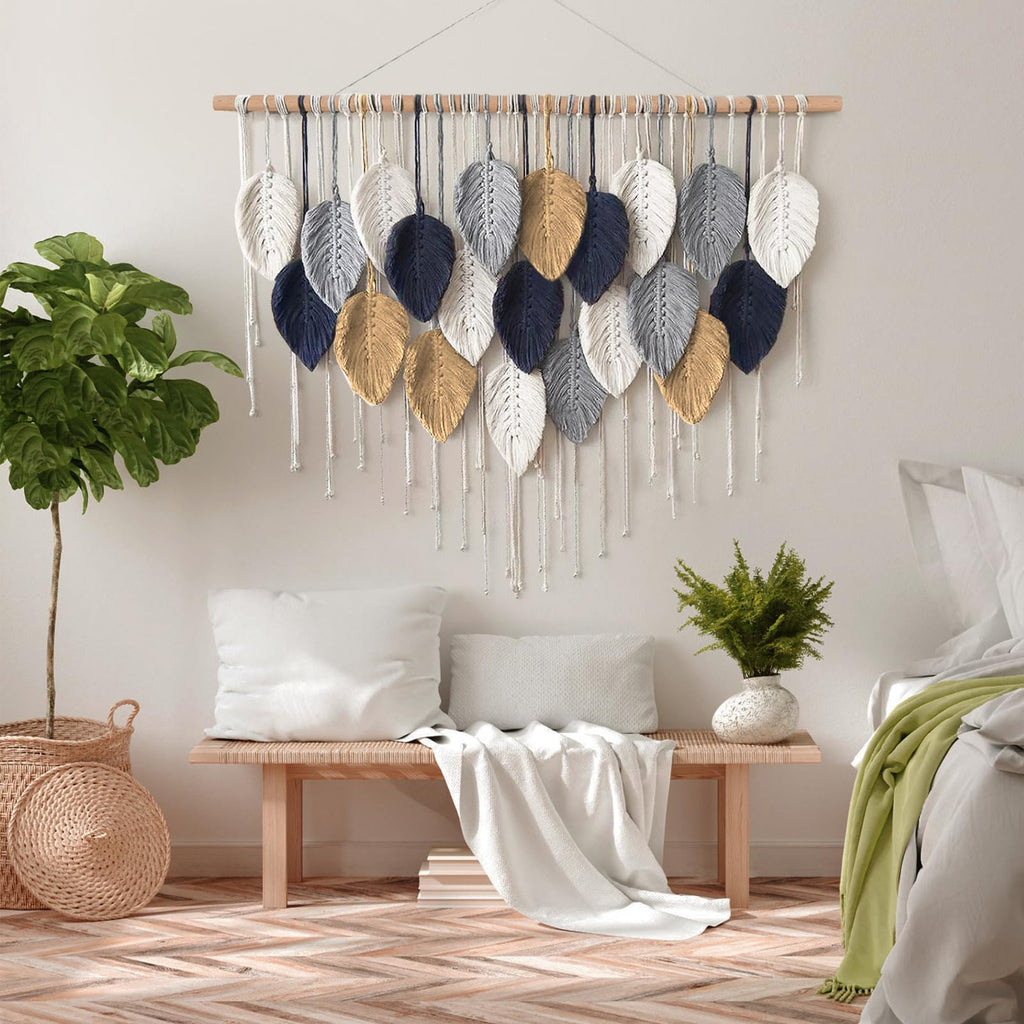 Large Macrame Wall Hanging Boho Leaf Feather Woven Tapestry 39"W x 29.5" L