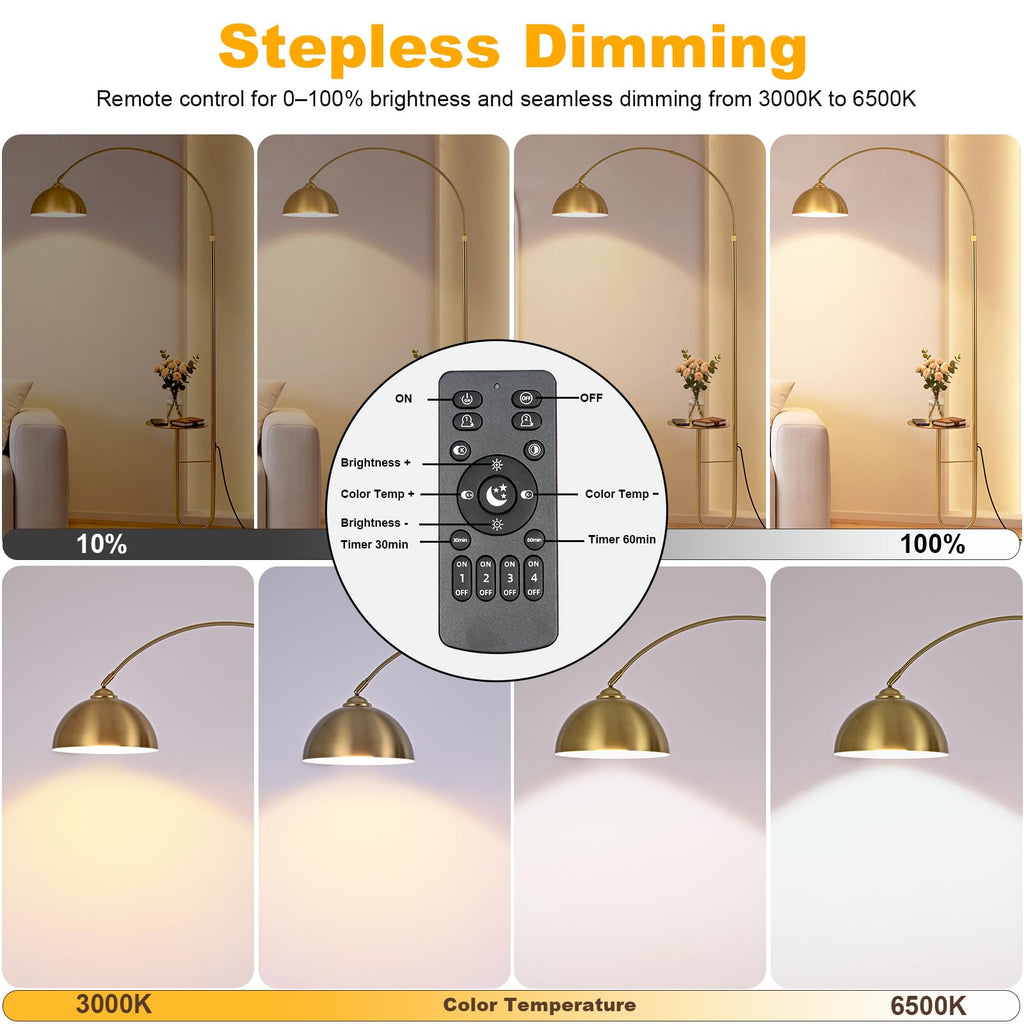 Gold Arc Floor Lamp with Table, Stepless Dimming & Remote, E26 Bulb Included