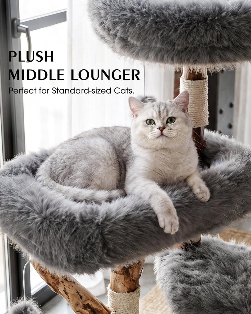 Solid Wood Cat Tree, Boho Modern Cat Tree Tower with Real Branch