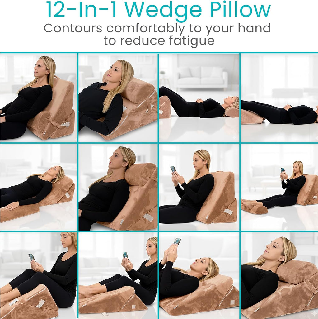 Bed Wedge Pillow for Sleeping - 12n1 For After Surgery, Sleep Apnea, Acid Reflux Relief - Headboard, Sit Up Triangle
