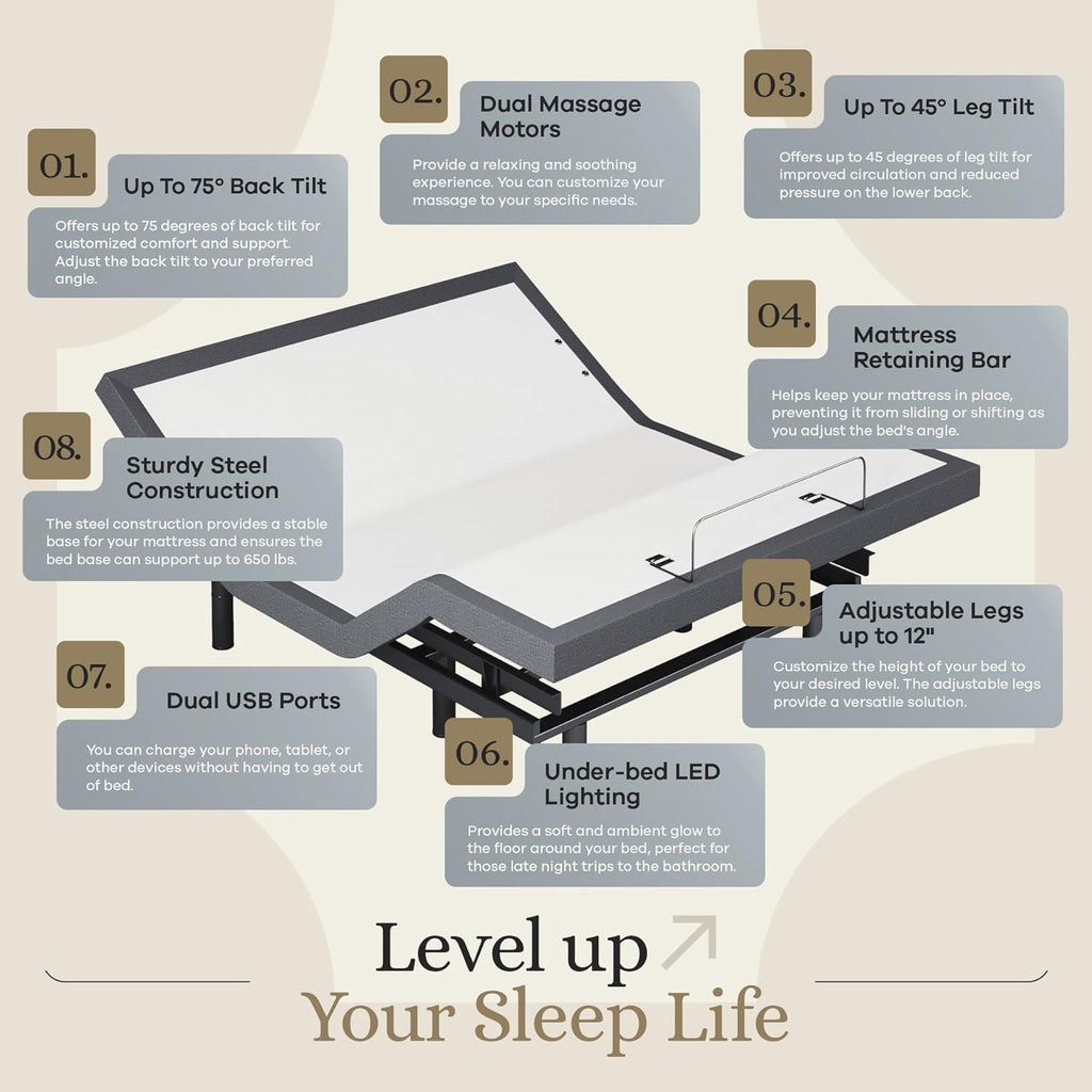 Classic Adjustable Bed Base, Head and Foot Lift, Massage, Under-Bed Lights, USB, Memory, Zero Gravity Smart Frame