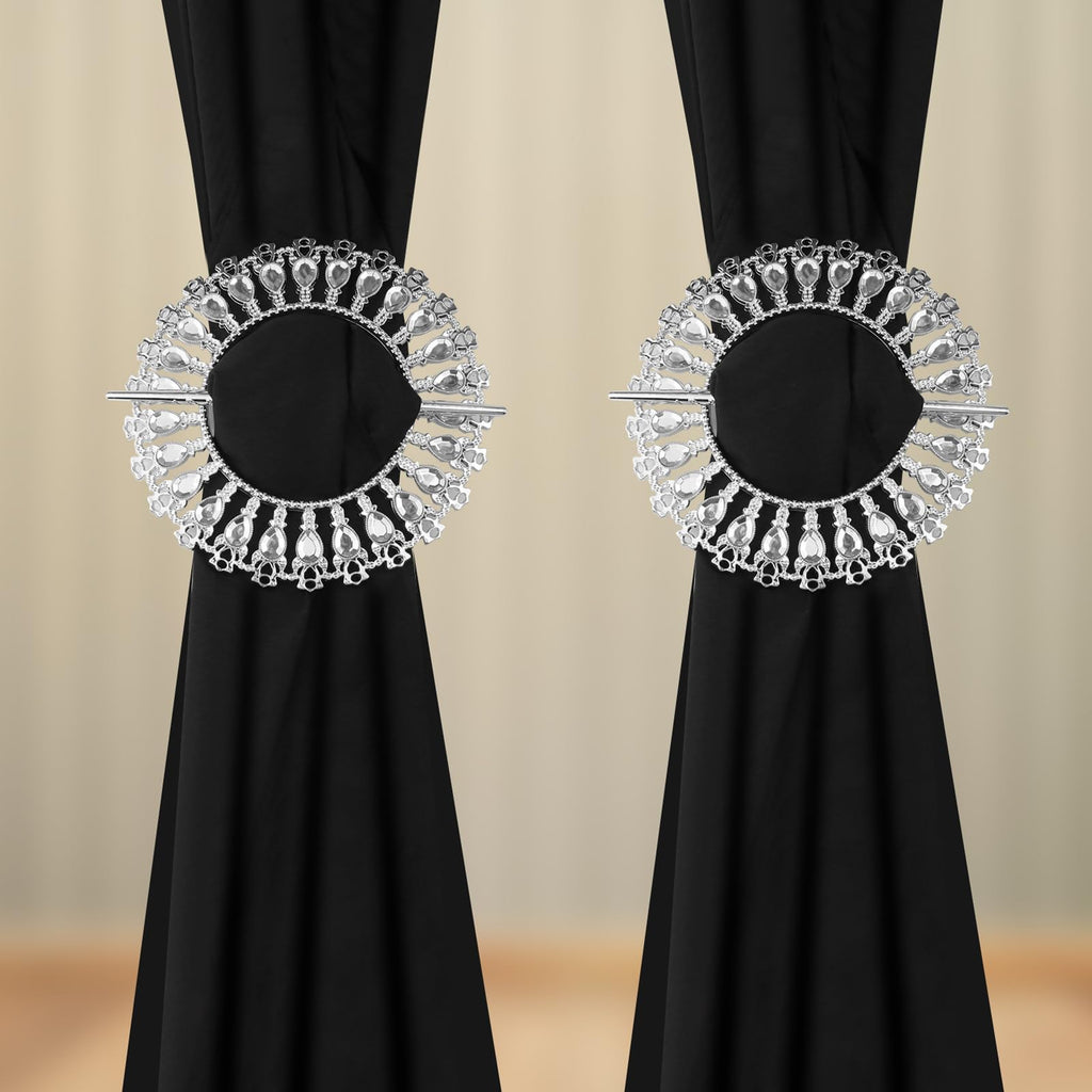 Shiny Silver Curtain Tiebacks Round Holdbacks, 26 Crystals - 2 Pack