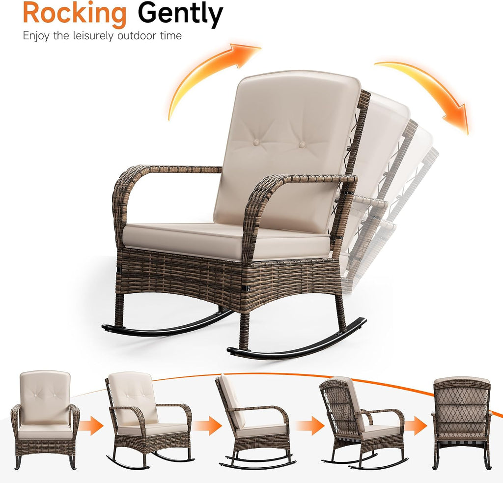 3-Piece Wicker Rocking Bistro Set, Outdoor Rattan Chairs | Rattan Table Design | Cushioned Rocking Chairs | Outdoor