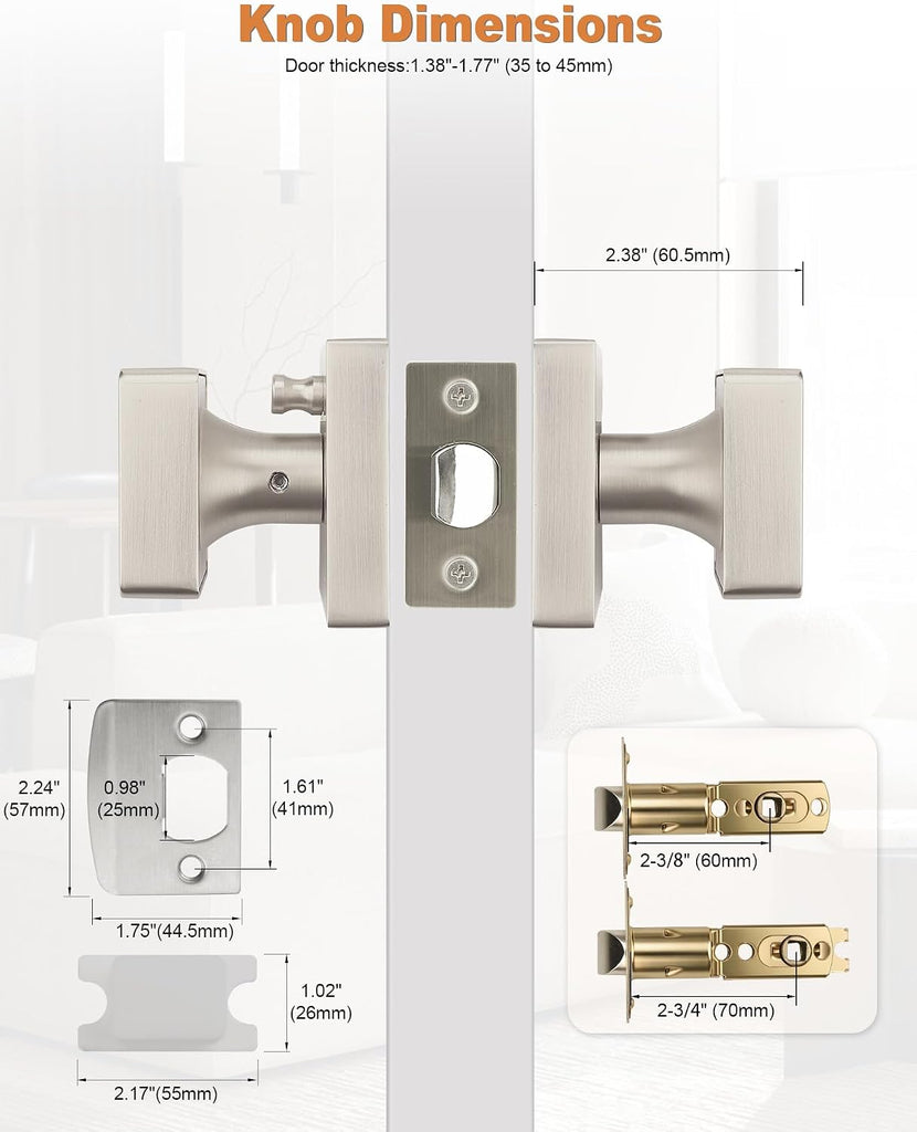 6 Pack Brushed Nickel Square Door Knobs, Modern Heavy Duty Design Door Handle Bathroom, Keyless Privacy Interior Door