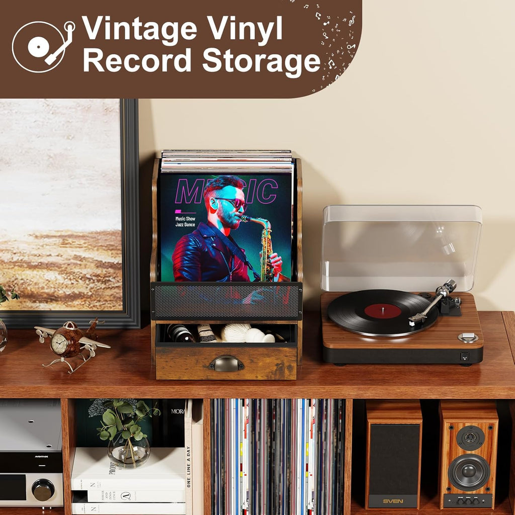 Vinyl Record Storage Crate, Wooden LP Holder with Drawer