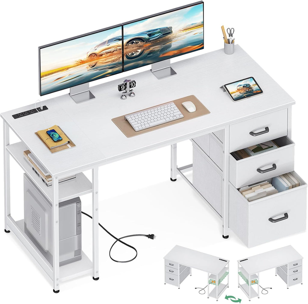 51 Inch Computer Desk with Drawers & USB Power Outlets