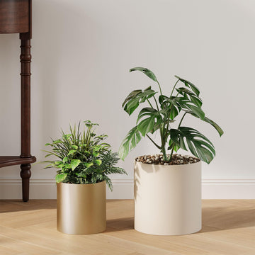 Metal Plant Pot with Drainage Hole, 7'' Golden & 10'' Beige Mid Century Pot Indoor Outdoor Planters, Home Decor Gift