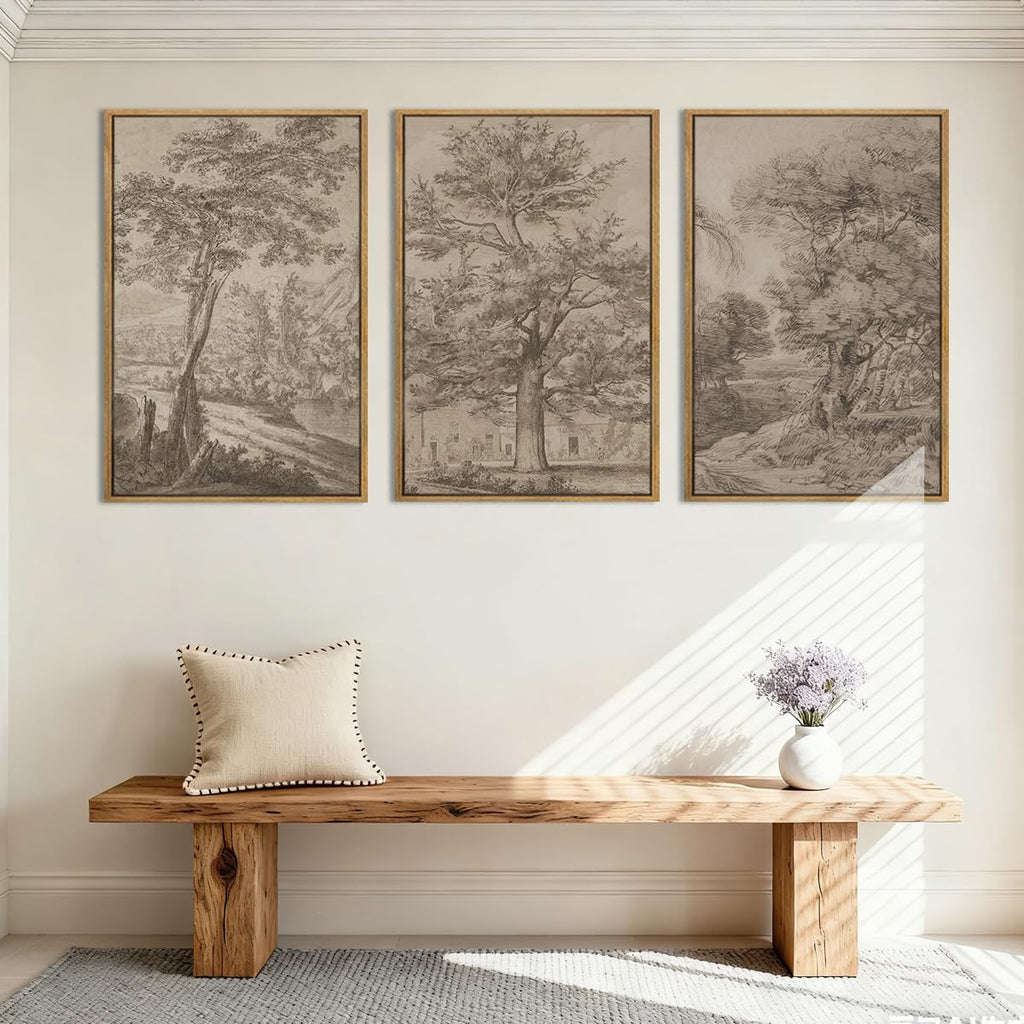Extra Large Wall Art Framed Vintage Tree Sketch Antique Botanical Forest Prints Rustic Farmhouse Nature Decor Bedroom
