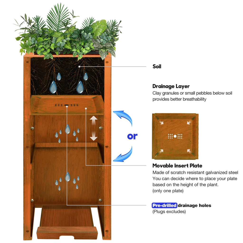 Pre-Rusted Steel 30''H Planter Box, Weathering Steel Planter Box, Rustic Finish Metal Tall Rectangular Plant Pot