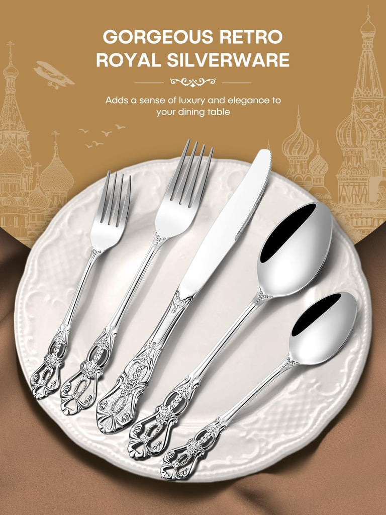 30 Pcs Gorgeous Retro Royal Silverware Set, Stainless Steel Cutlery Flatware Set for 6, Include Forks Spoons and
