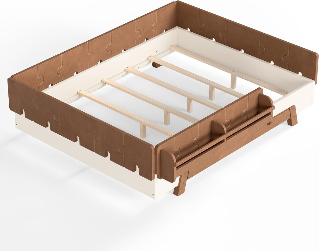 Montessori Floor Bed with high 15.4' Rails, Wood Floor Bed with slats and a Bookshelf, Beige & Deep Natural