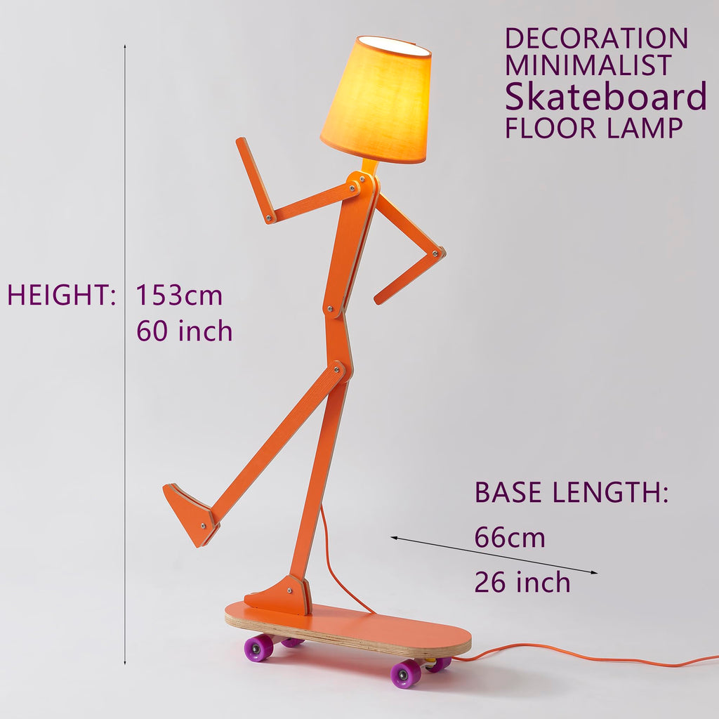 Cool Unique Wood Floor Lamp with Skateboard Base, Orange