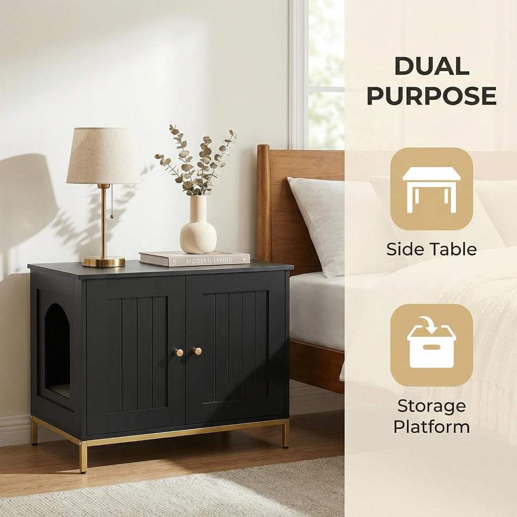 28.3" L Cat Litter Box Enclosure with Metal Frame, Black and Gold