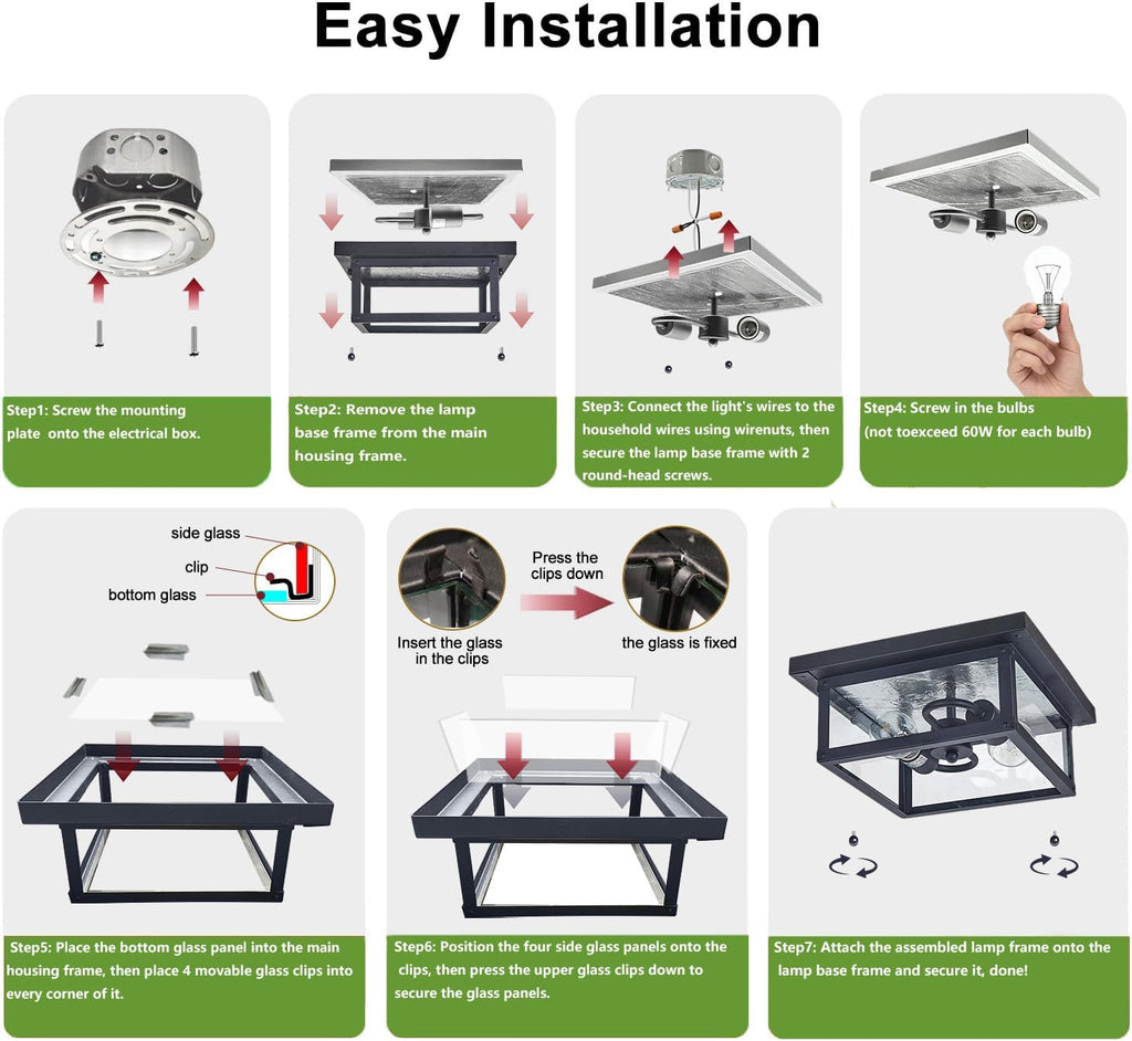 11.5in Outdoor Ceiling Light Fixture, Square Flush Mount Porch Lights, 2-Light, E26-based