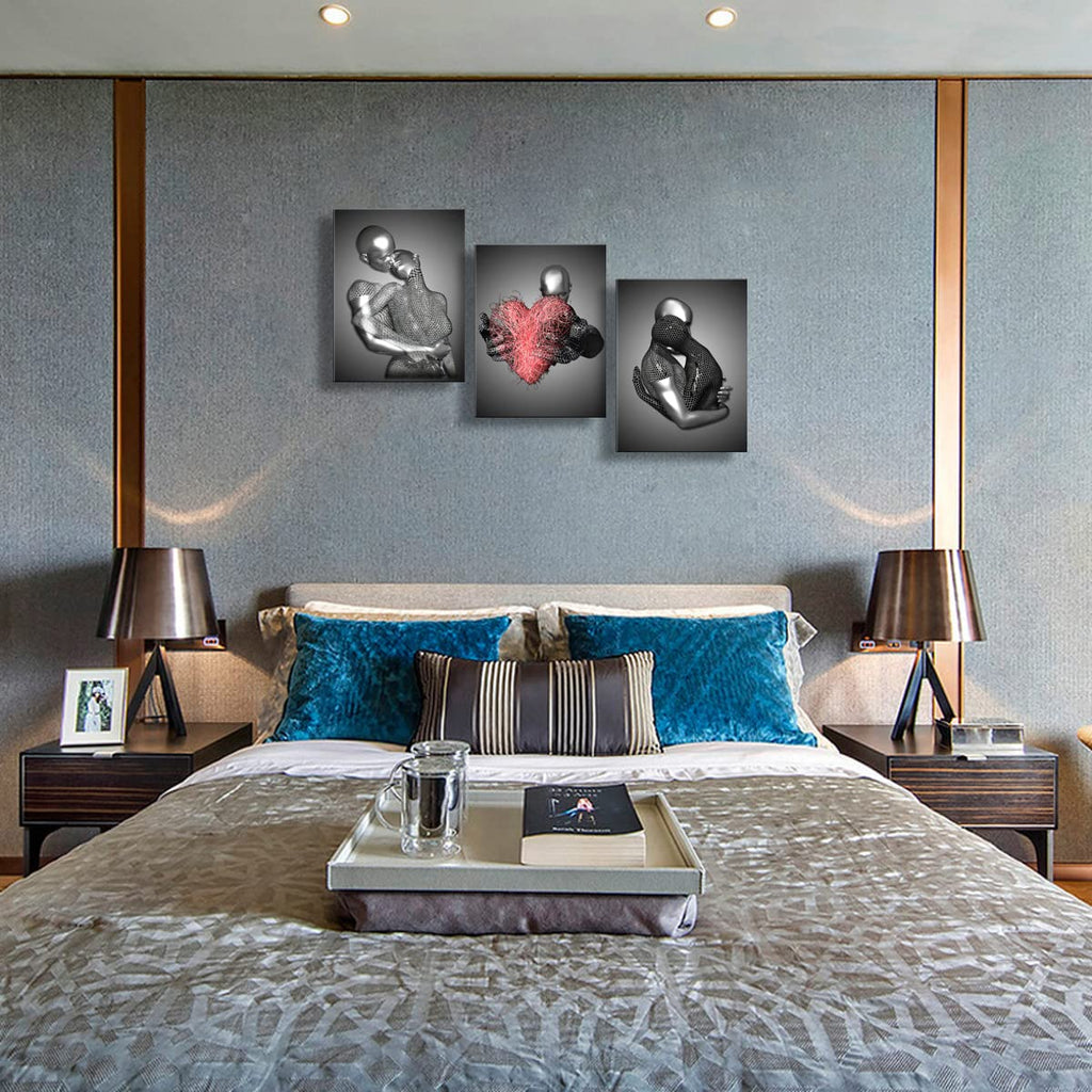 Framed 3 Pcs Love Heart 3d Wall Art Metal Sculpture Romantic Couple Abstract Art Prints Posters Decor Grey Black and