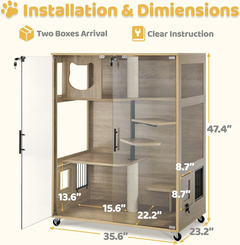 Wooden Luxury Cat House Furniture with Glass Door Indoor Use