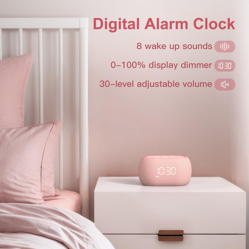 White Noise Sound Machine Alarm Clock with Bluetooth Speaker, Hi-Fi Stereo Sound, 21 /7 Night Lights, 0-100%