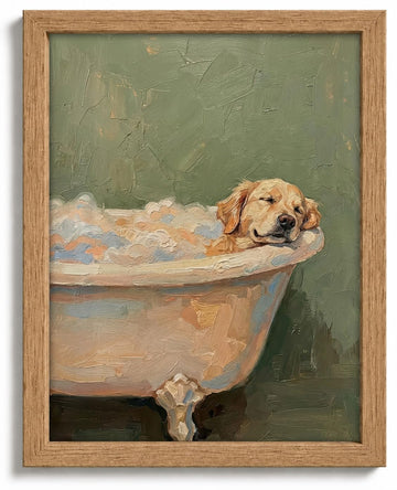Framed Funny Bathroom Wall Art - Golden Retriever in Bathtub Canvas Print, Cozy Dog Spa Green Bathroom Decor - Easy